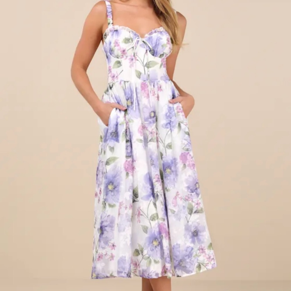 💜LULUS Hillela Ivory Floral Ruffled Lace-Up Midi Skater Dress💜SZ L- NWT - Picture 5 of 16